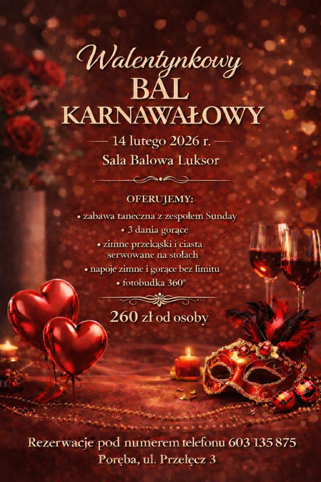 Plakat zapraszający na Walentynkowy Bal Karnawałowy w Sali Balowej Luksor